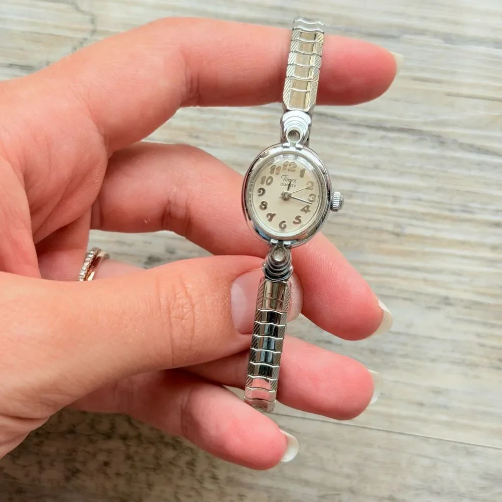 Vintage Timex Watch Dainty Silver Tone Bracelet Antique Cocktail 90s 50s Working